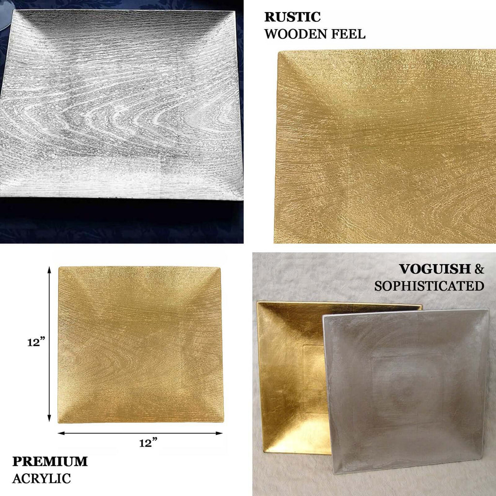 6-Pack Acrylic Charger Plates 12" Square Gold with Embossed Wood Grain - Boho Chic Dinner Party Decor Charger Tableware